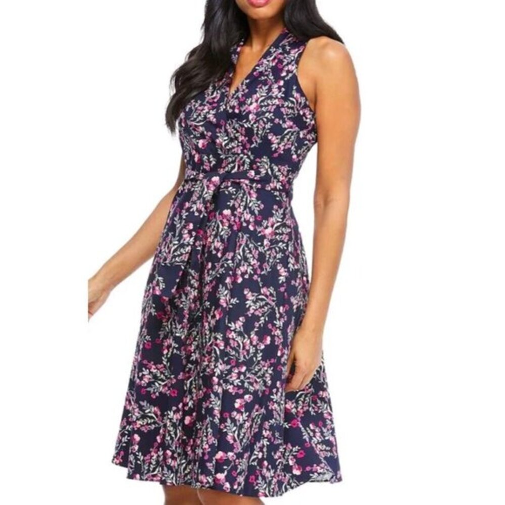 London Times Navy & Magenta Floral Tie Dress‎ - Size 8